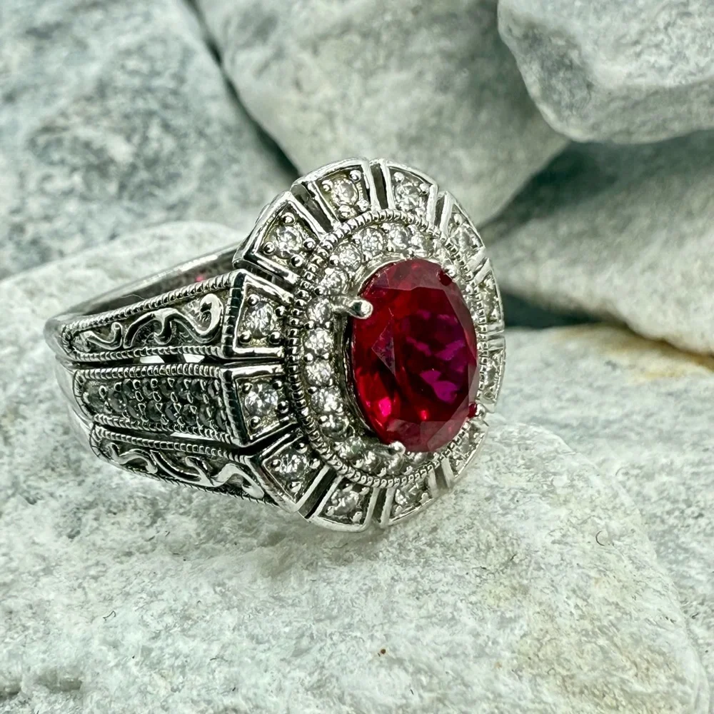 Vanna K for Bella Luce 2.80ct Ruby & Zirconia Halo Ring Sterling Silver Sz 5